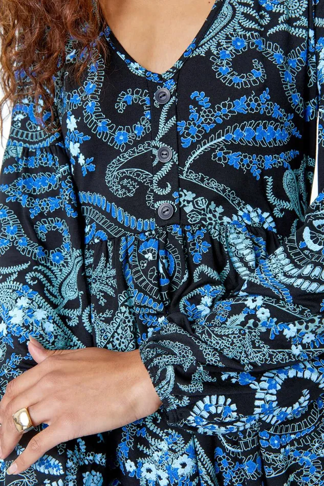Blue Paisley Print Jersey Tea Dress Women Roman Dresses