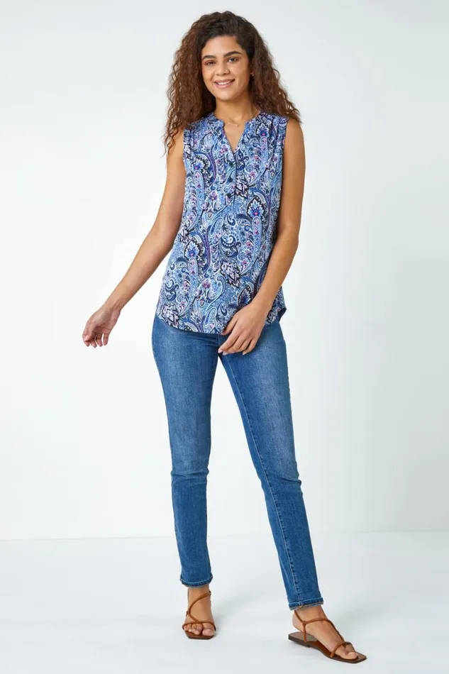 Blue Paisley Print Sleeveless Stretch Top Women Roman Tops