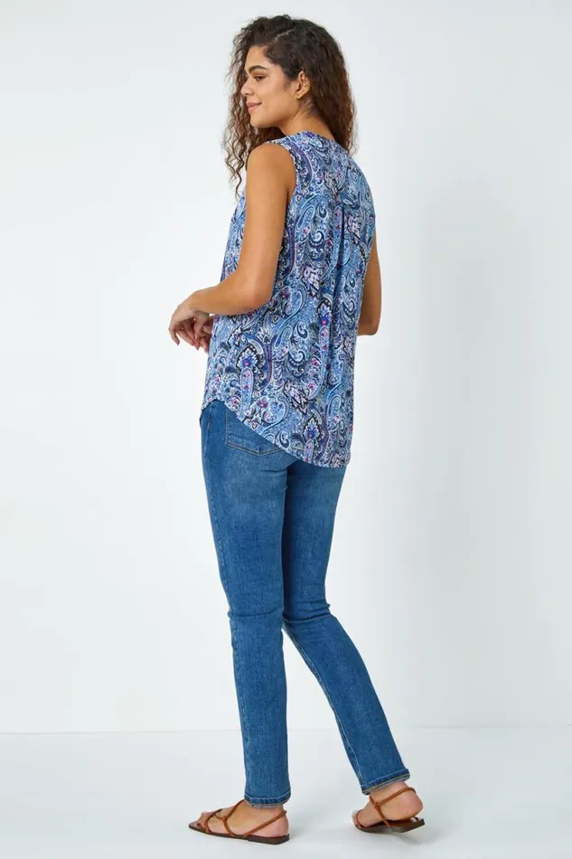 Blue Paisley Print Sleeveless Stretch Top Women Roman Tops