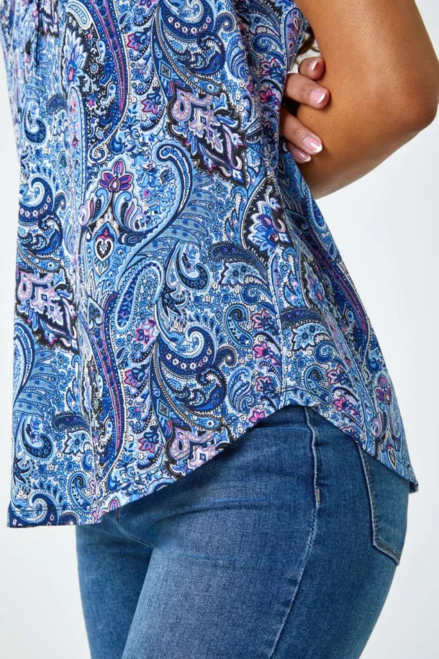 Blue Paisley Print Sleeveless Stretch Top Women Roman Tops