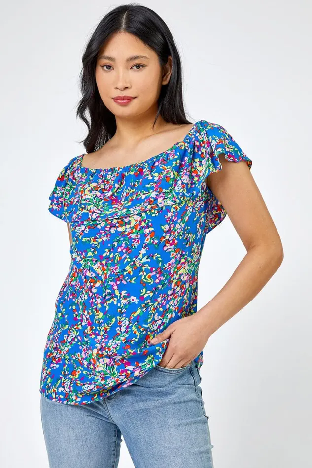 Blue Petite Ditsy Floral Bardot Top Women Roman Tops