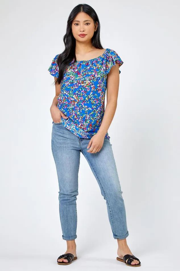Blue Petite Ditsy Floral Bardot Top Women Roman Tops