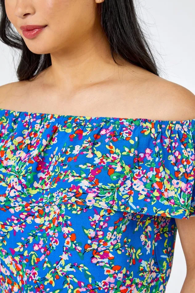 Blue Petite Ditsy Floral Bardot Top Women Roman Tops