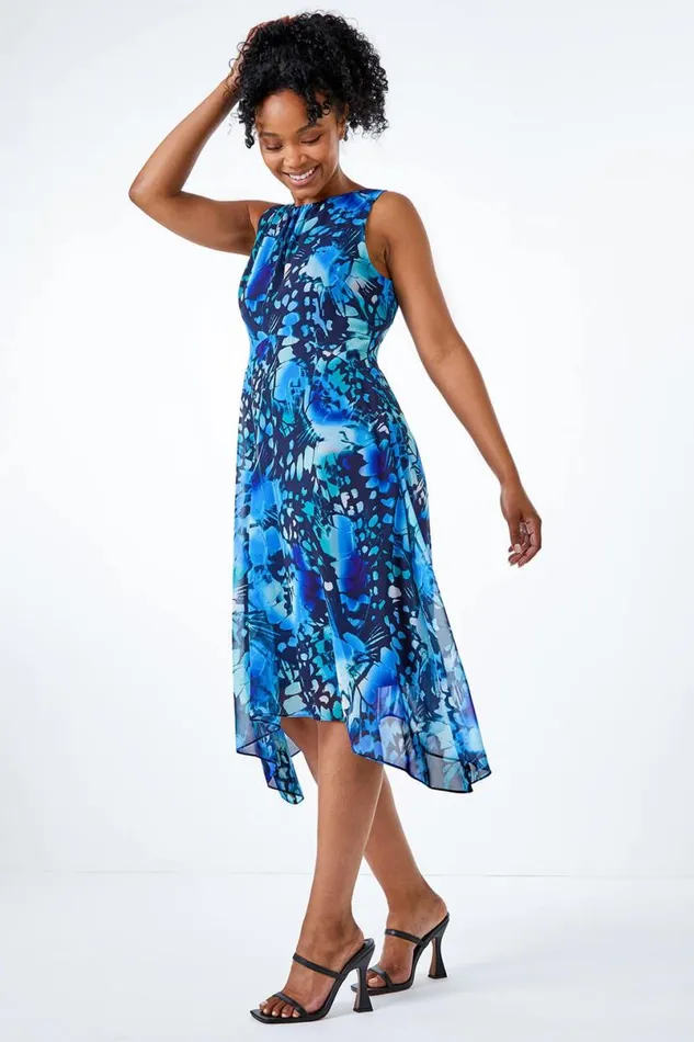 Blue Petite Floral Midi Hanky Hem Dress Women Roman Dresses