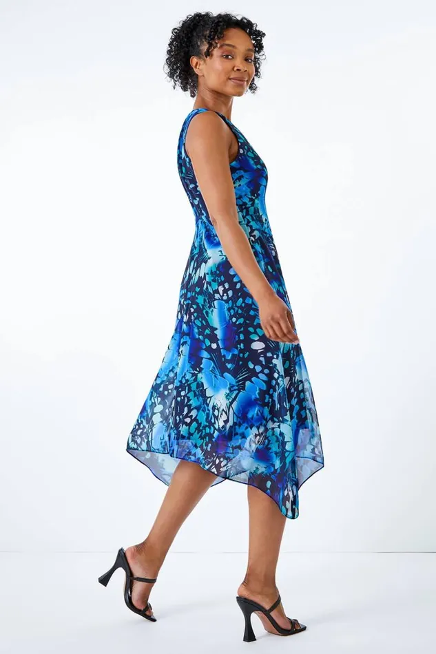 Blue Petite Floral Midi Hanky Hem Dress Women Roman Dresses