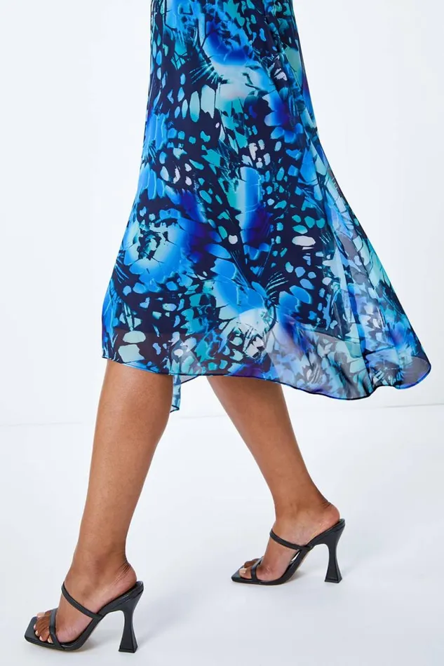 Blue Petite Floral Midi Hanky Hem Dress Women Roman Dresses