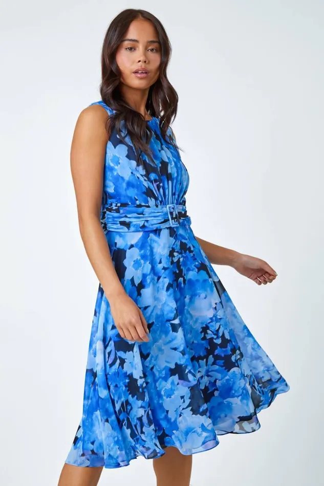 Blue Petite Floral Print Buckle Dress Women Roman Dresses