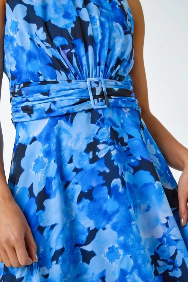 Blue Petite Floral Print Buckle Dress Women Roman Dresses