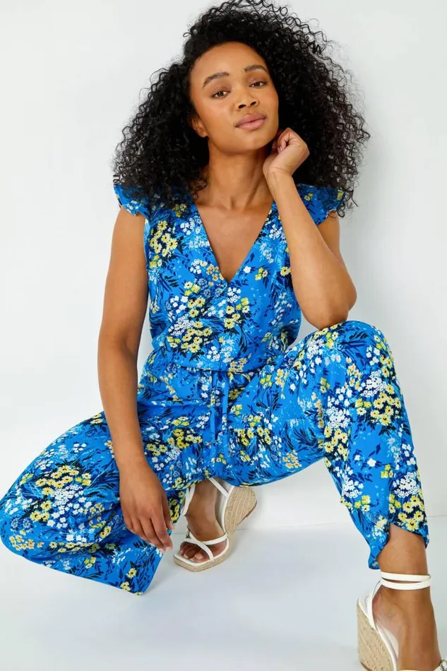 Blue Petite Floral Print Frill Jumpsuit Women Roman Dresses