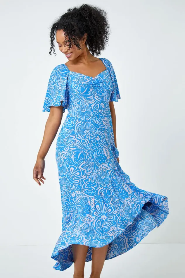 Blue Petite Floral Print Ruched Midi Dress Women Roman Dresses
