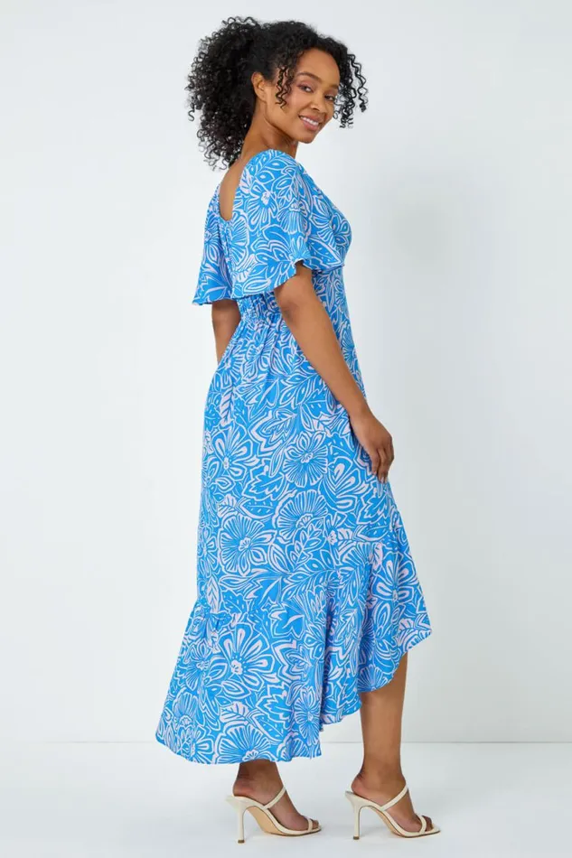 Blue Petite Floral Print Ruched Midi Dress Women Roman Dresses
