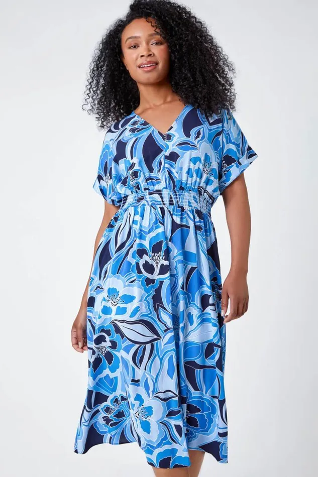 Blue Petite Floral Print Stretch Dress Women Roman Dresses
