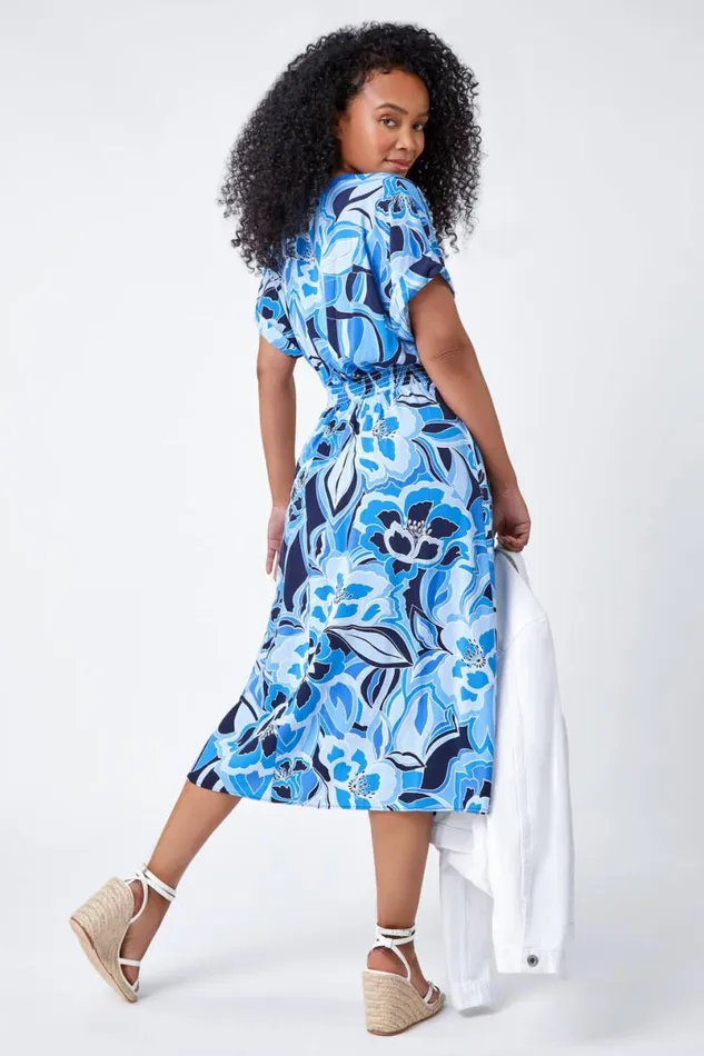 Blue Petite Floral Print Stretch Dress Women Roman Dresses
