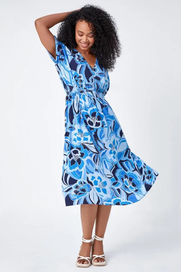 Blue Petite Floral Print Stretch Dress Women Roman Dresses