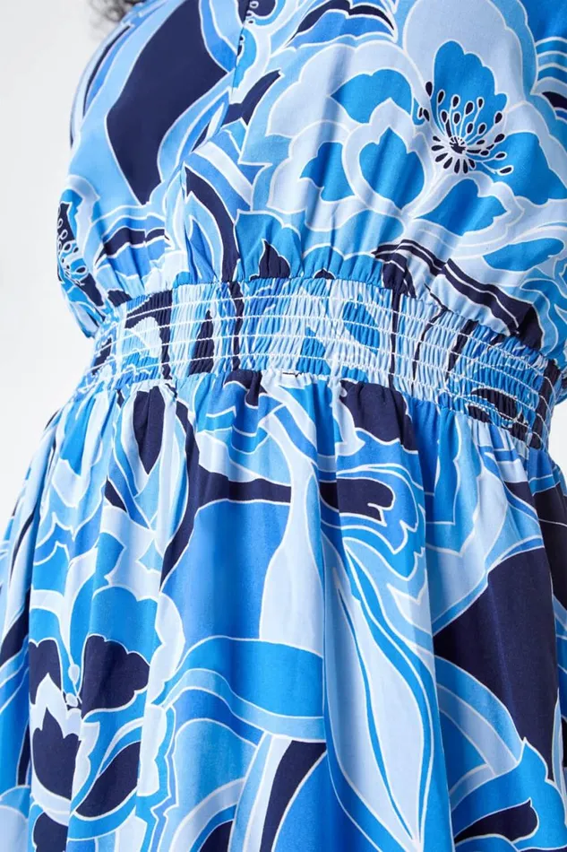 Blue Petite Floral Print Stretch Dress Women Roman Dresses