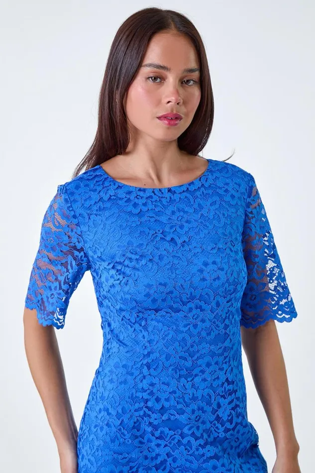 Blue Petite Lace Overlay Shift Dress Women Roman Dresses