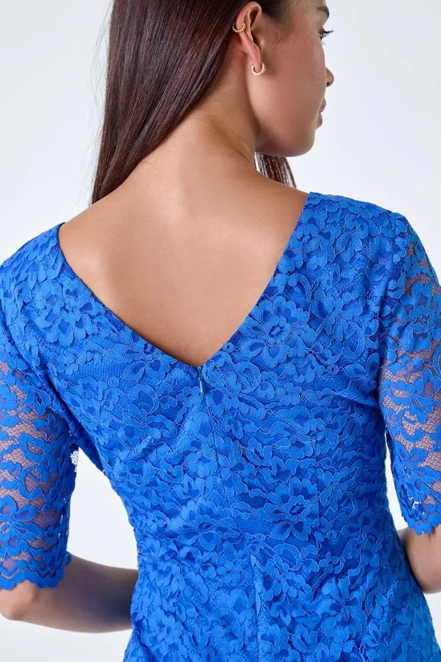 Blue Petite Lace Overlay Shift Dress Women Roman Dresses