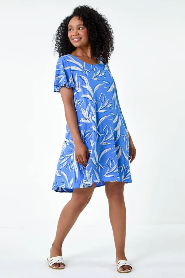 Blue Petite Leaf Print TShirt Dress Women Roman Dresses
