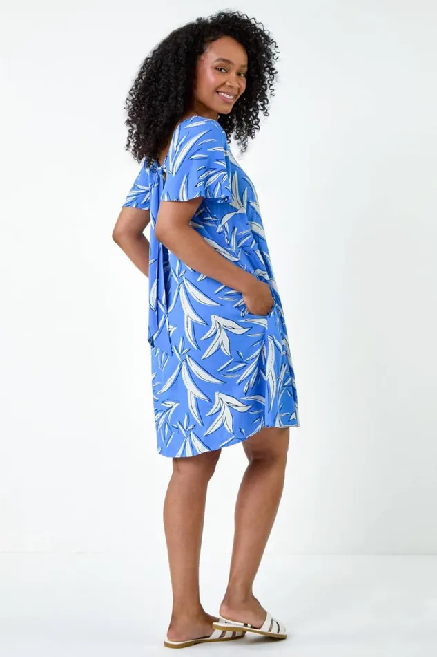 Blue Petite Leaf Print TShirt Dress Women Roman Dresses