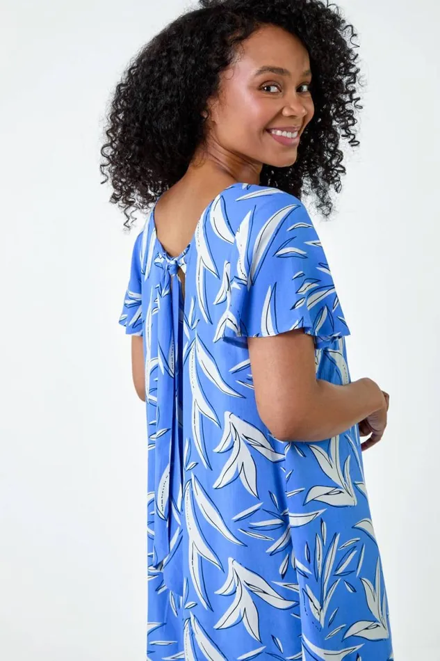 Blue Petite Leaf Print TShirt Dress Women Roman Dresses