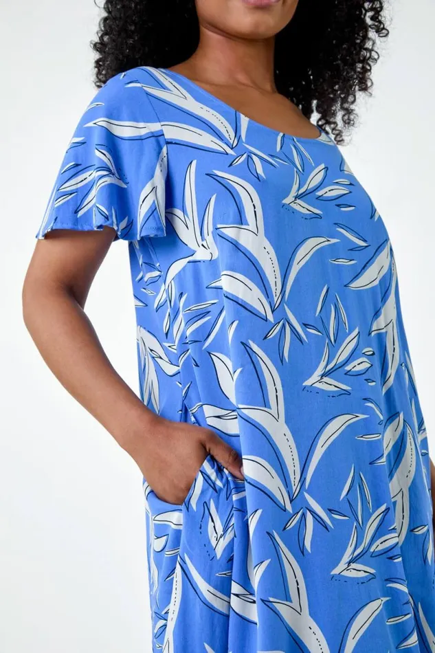 Blue Petite Leaf Print TShirt Dress Women Roman Dresses
