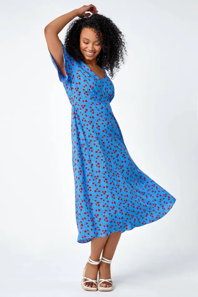 Blue Petite Strawberry Print Midi Tea Dress Women Roman Dresses