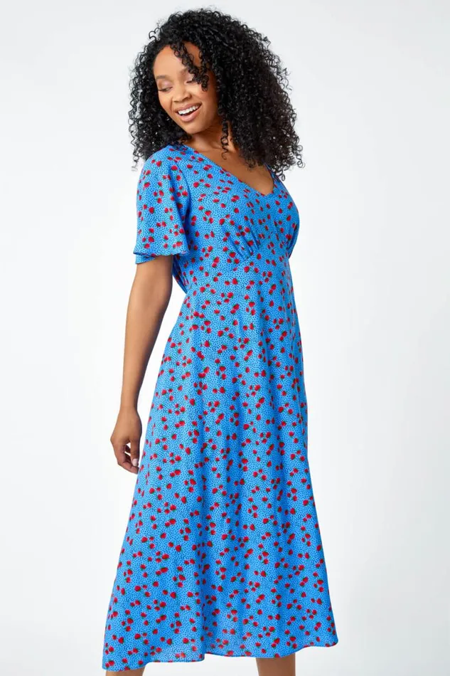 Blue Petite Strawberry Print Midi Tea Dress Women Roman Dresses