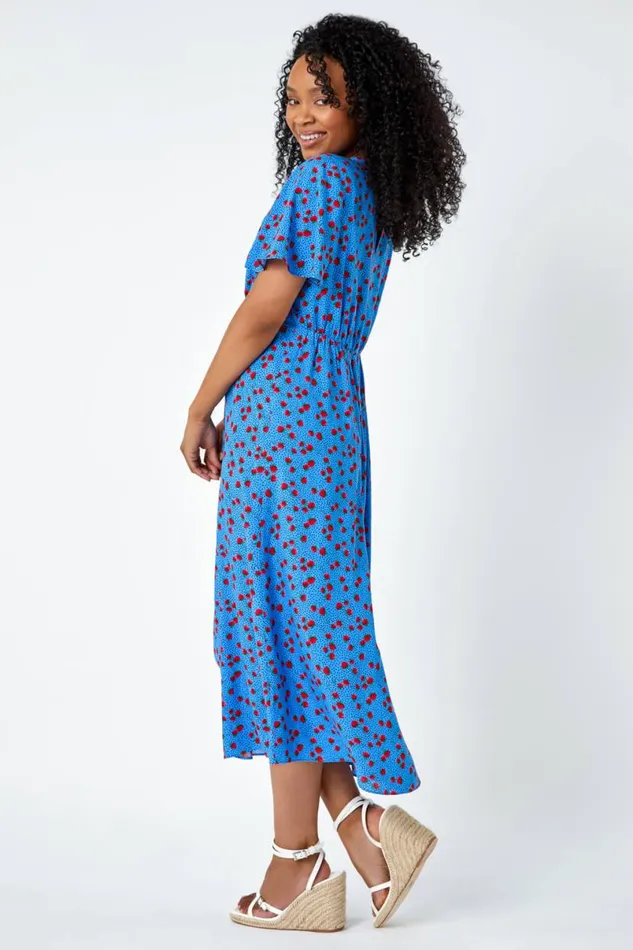 Blue Petite Strawberry Print Midi Tea Dress Women Roman Dresses