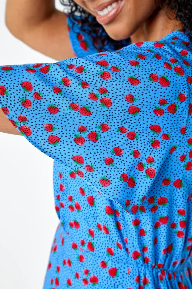 Blue Petite Strawberry Print Midi Tea Dress Women Roman Dresses