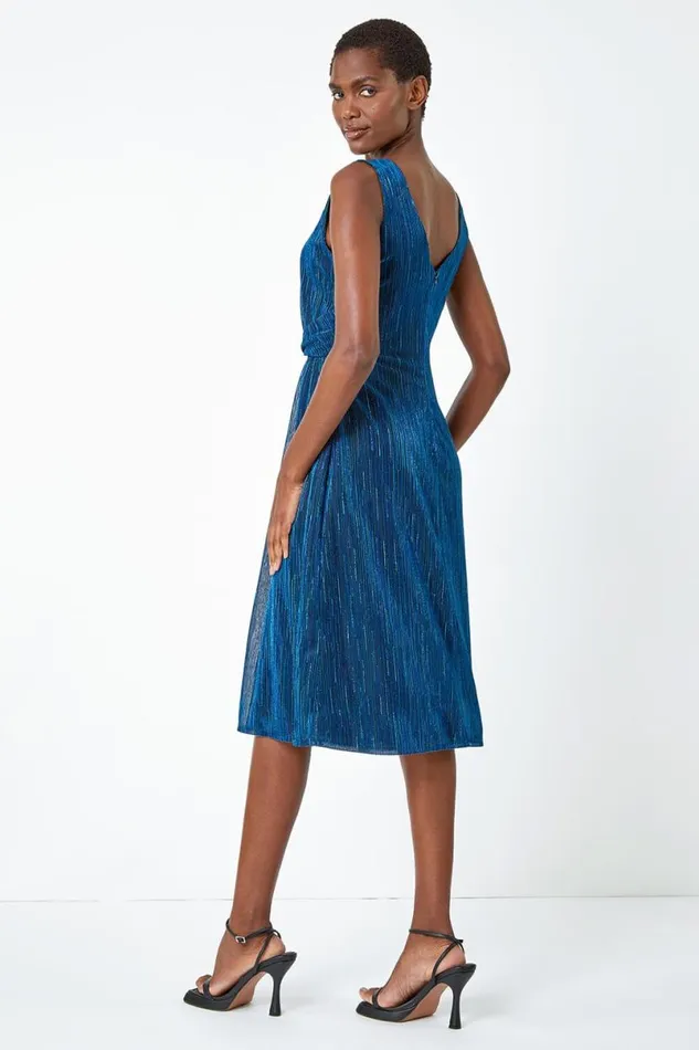Blue Shimmer Plisse Side Twist Dress Women Roman Dresses