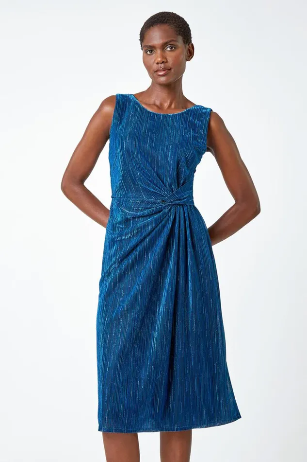 Blue Shimmer Plisse Side Twist Dress Women Roman Dresses