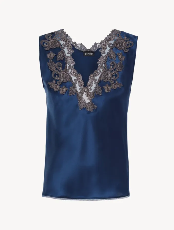 Blue Silk Satin Top With Frastaglio Sleepwear La Perla Camisoles
