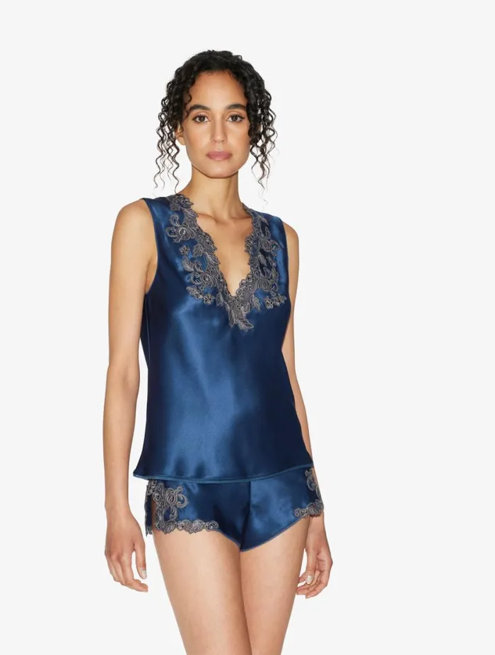 Blue Silk Satin Top With Frastaglio Sleepwear La Perla Camisoles