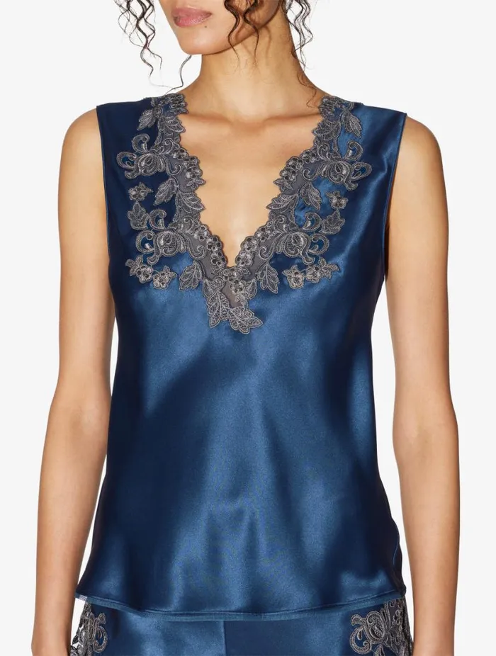 Blue Silk Satin Top With Frastaglio Sleepwear La Perla Camisoles