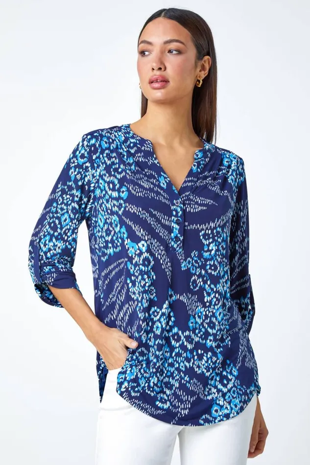 Blue Textured Animal Print VNeck Stretch Shirt Women Roman Tops