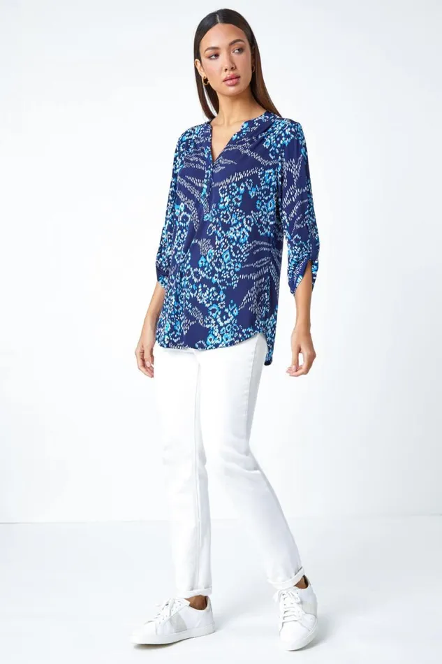 Blue Textured Animal Print VNeck Stretch Shirt Women Roman Tops