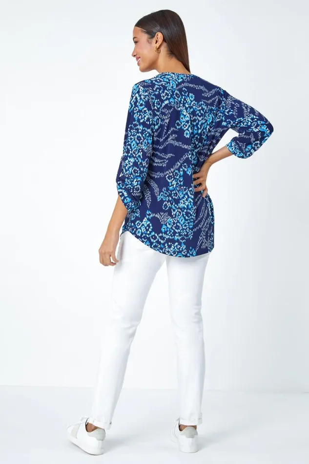 Blue Textured Animal Print VNeck Stretch Shirt Women Roman Tops