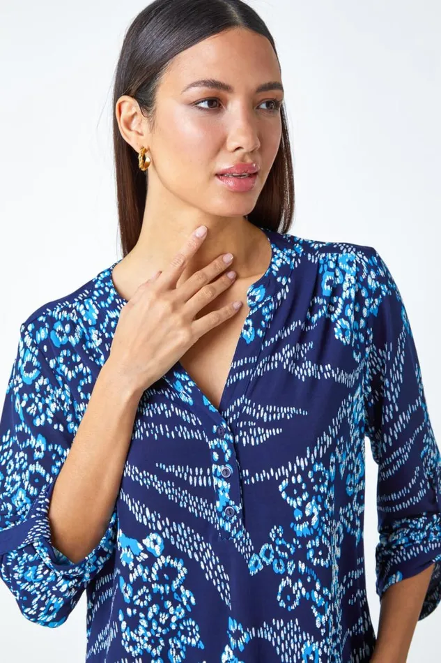 Blue Textured Animal Print VNeck Stretch Shirt Women Roman Tops