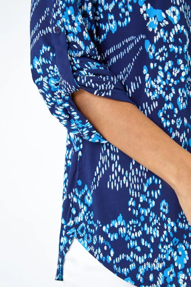 Blue Textured Animal Print VNeck Stretch Shirt Women Roman Tops