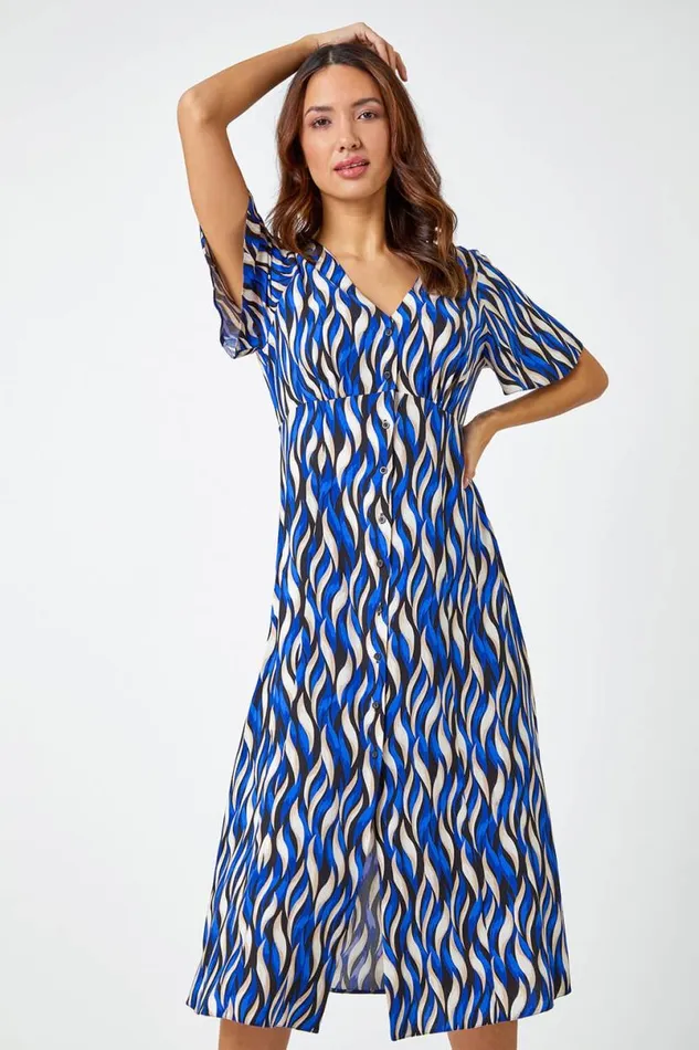 Blue Wave Print Button Detail Midi Dress Women Roman Dresses