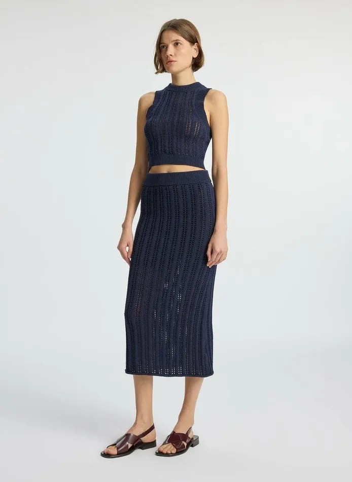 Bottoms Women ALC Aurora Crochet Midi Skirt Navy Bottoms Women ALC Aurora Crochet Midi Skirt Navy