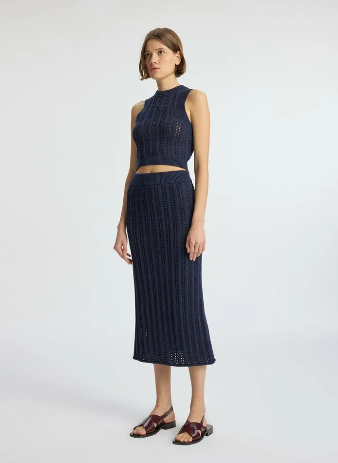 Bottoms Women ALC Aurora Crochet Midi Skirt Navy Bottoms Women ALC Aurora Crochet Midi Skirt Navy