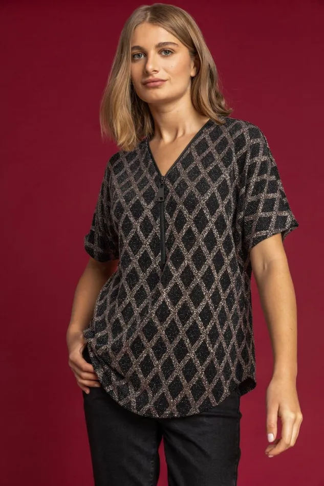 Bronze Glitter Check Print Zip Top Women Roman Tops