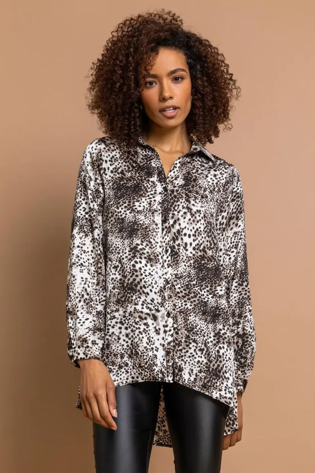 Brown Animal Dropped Hem Shirt Women Roman Tops