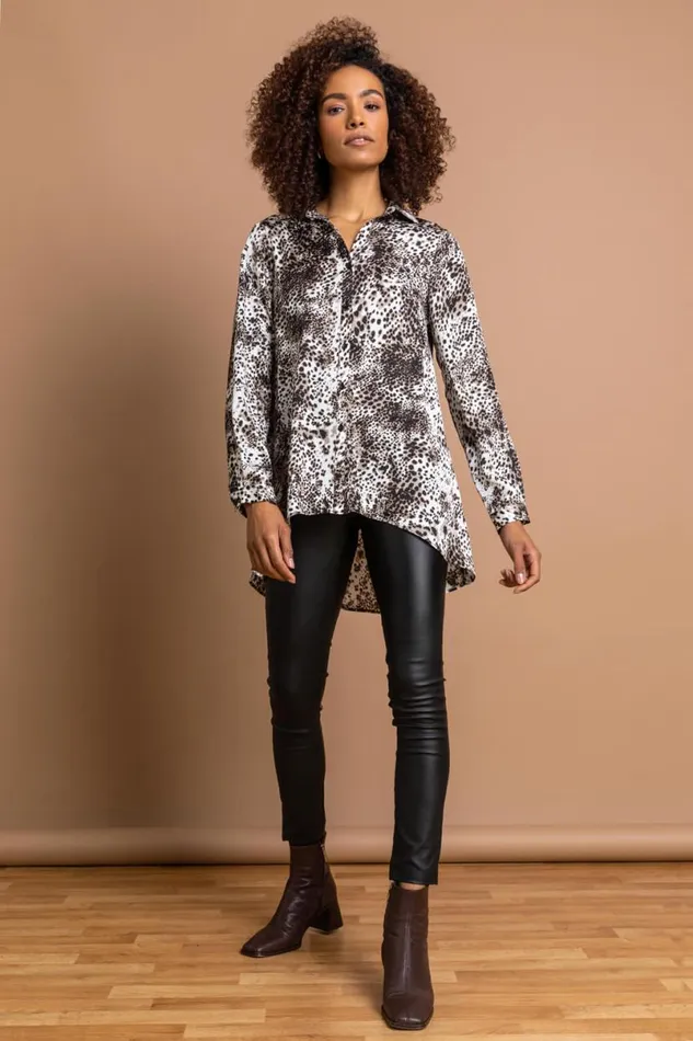 Brown Animal Dropped Hem Shirt Women Roman Tops