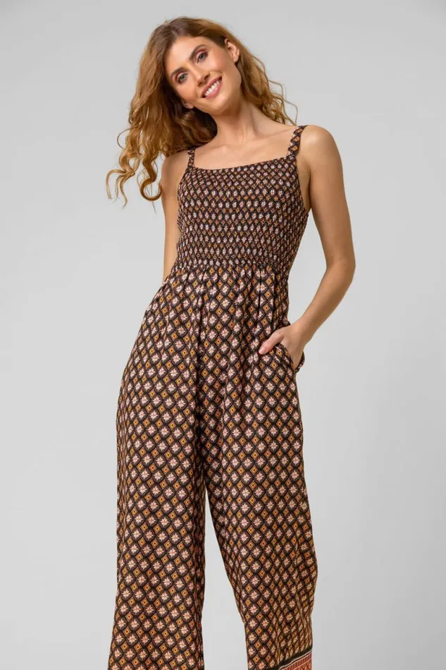 Brown Contrast Geo Print Belted Jumpsuit Women Roman Dresses