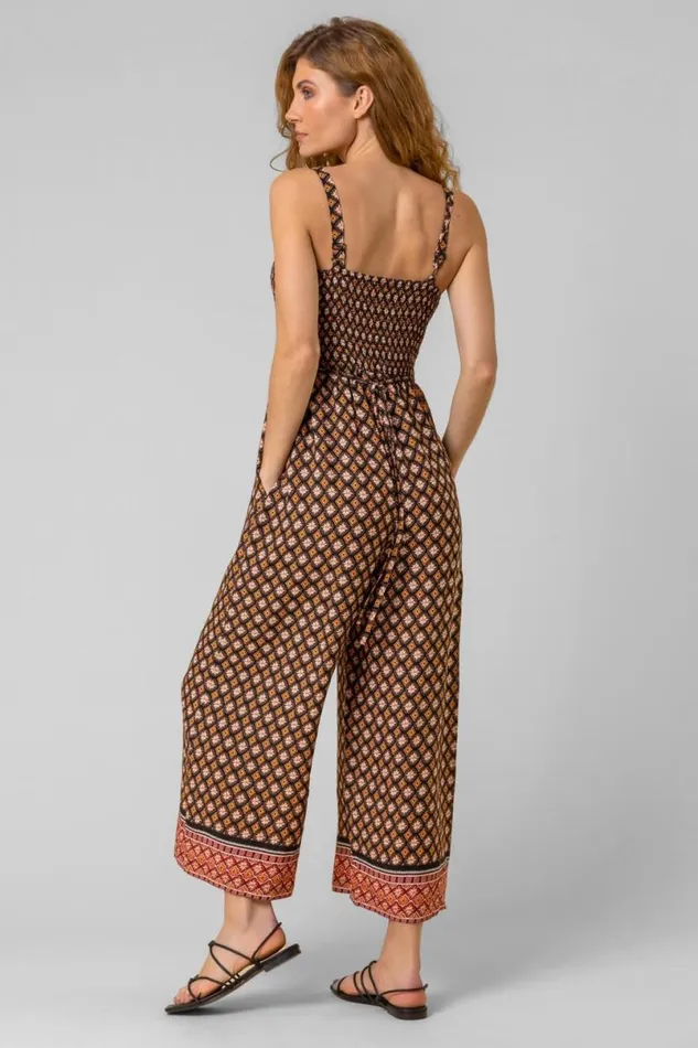 Brown Contrast Geo Print Belted Jumpsuit Women Roman Dresses
