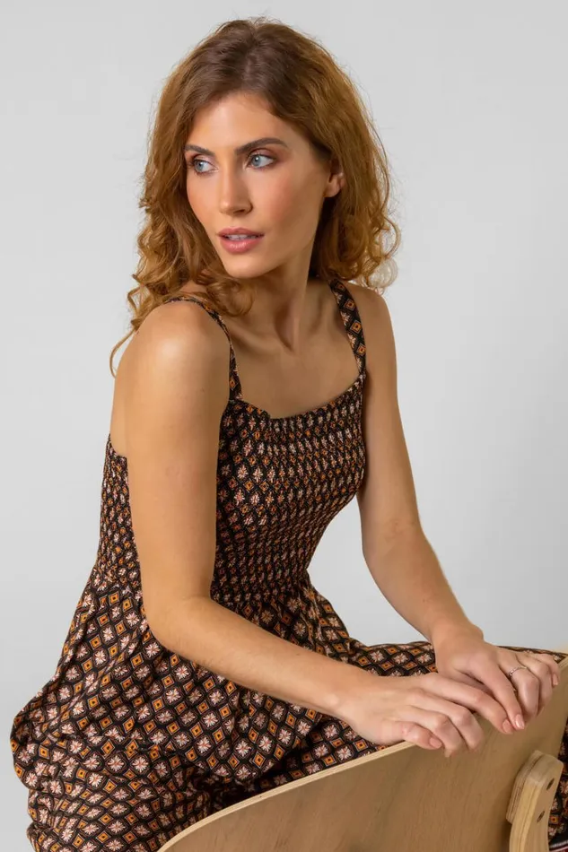 Brown Contrast Geo Print Belted Jumpsuit Women Roman Dresses
