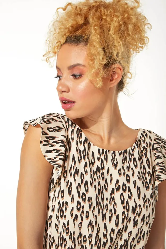 Brown Leopard Print Frill Sleeve Shift Dress Women Roman Dresses