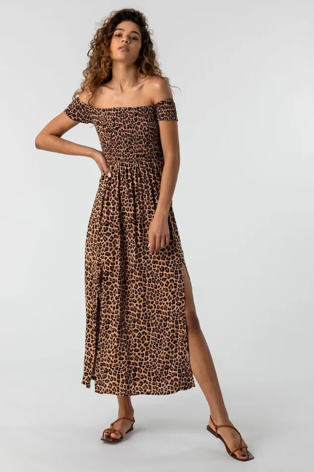 Brown Shirred Leopard Print Bardot Dress Women Roman Dresses